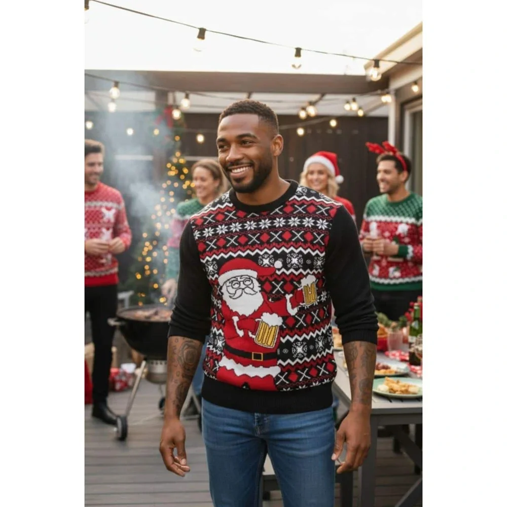 Men's XL Carbon Crewneck Sweater Santa Beer Xmas Holiday Party Funny Ugly Core